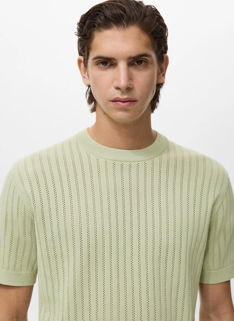 Mango Man Striped Openwork Cotton T-Shirt