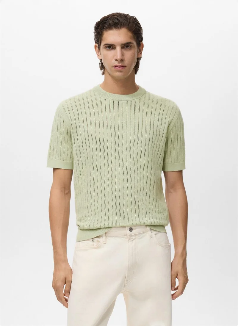 Mango Man Striped Openwork Cotton T-Shirt