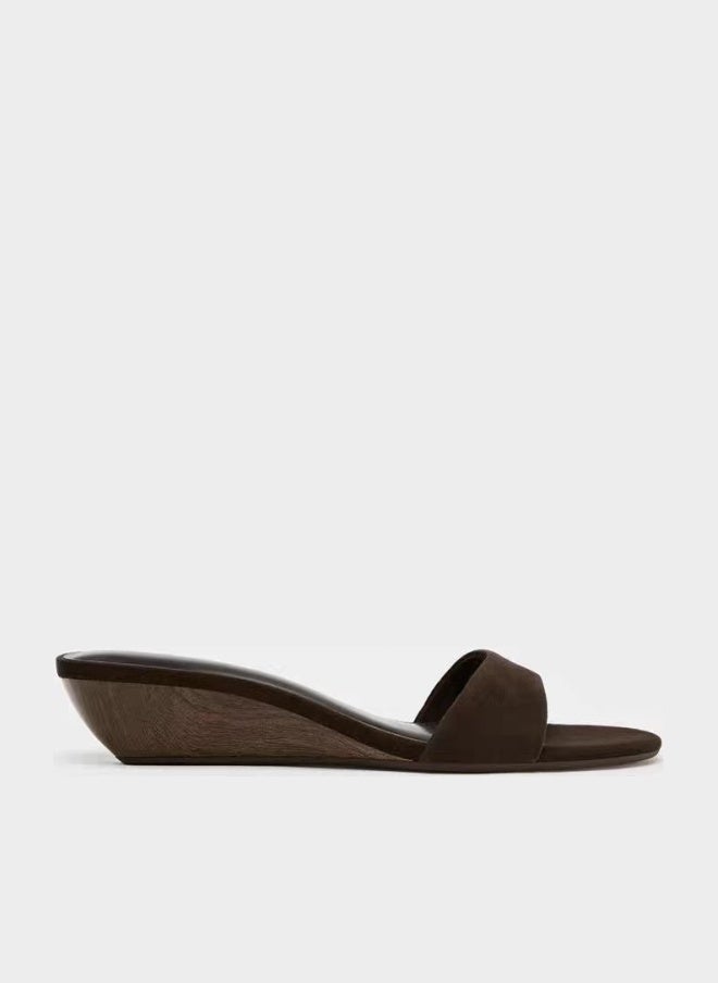 Women's Minimalist Slide Sandals, Brown Suede, Low Wedge Heel - Image 1