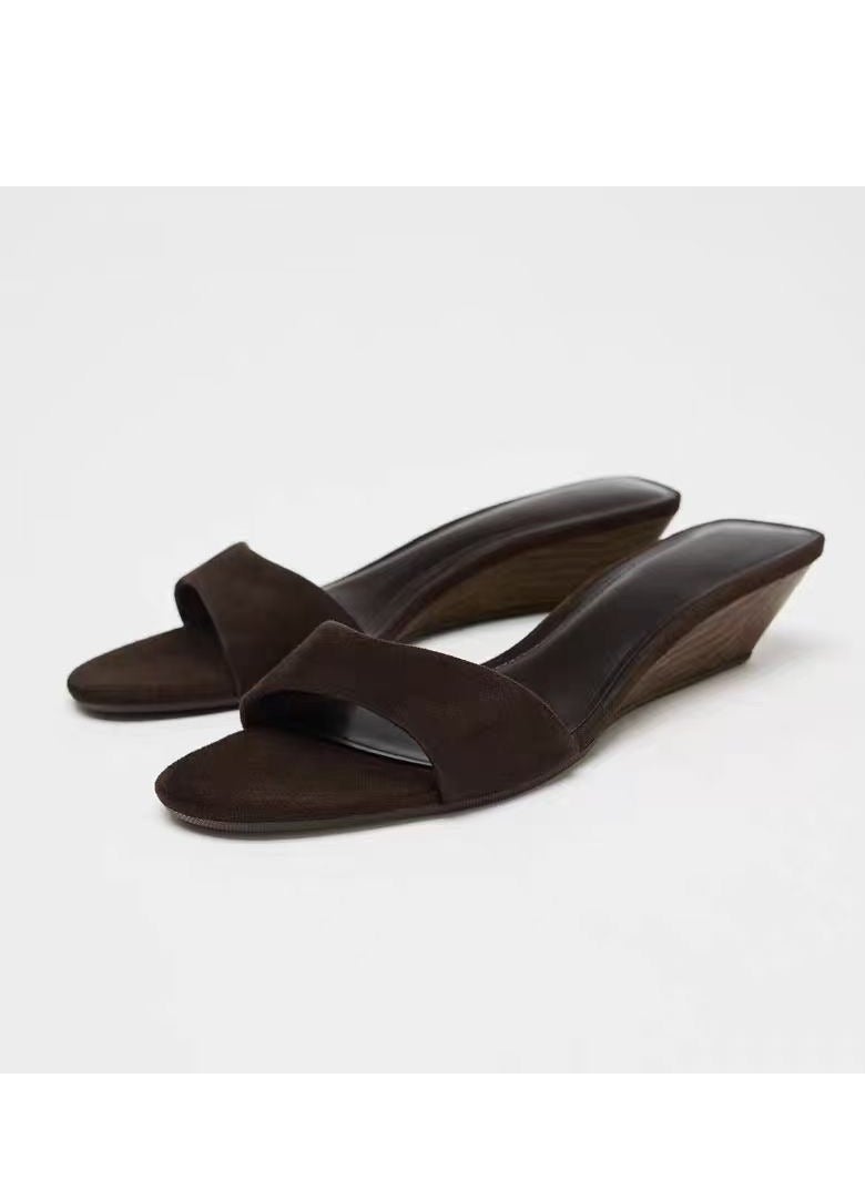 Women's Minimalist Slide Sandals, Brown Suede, Low Wedge Heel - Image 2