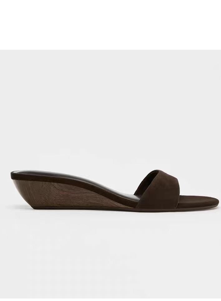 Women's Minimalist Slide Sandals, Brown Suede, Low Wedge Heel - Image 3
