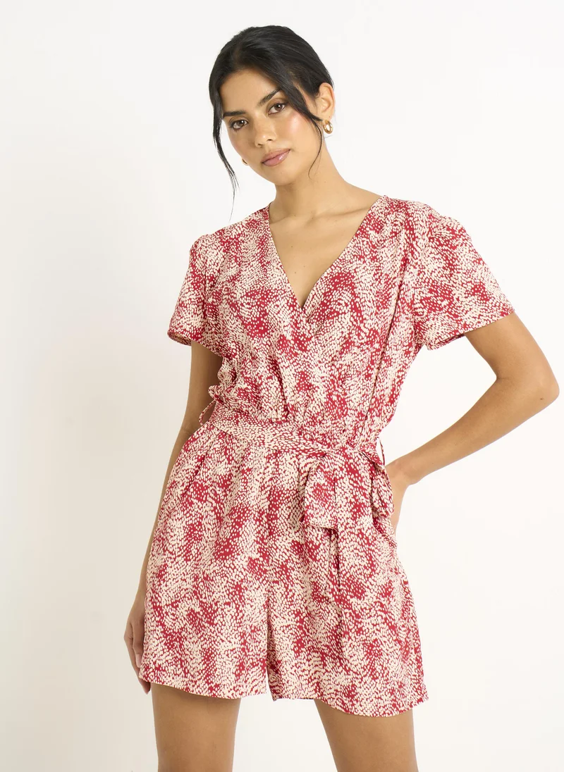 Gini London  Red Abstract Animal Print Wrap Front Belted Playsuit for Women | Best Price UAE
