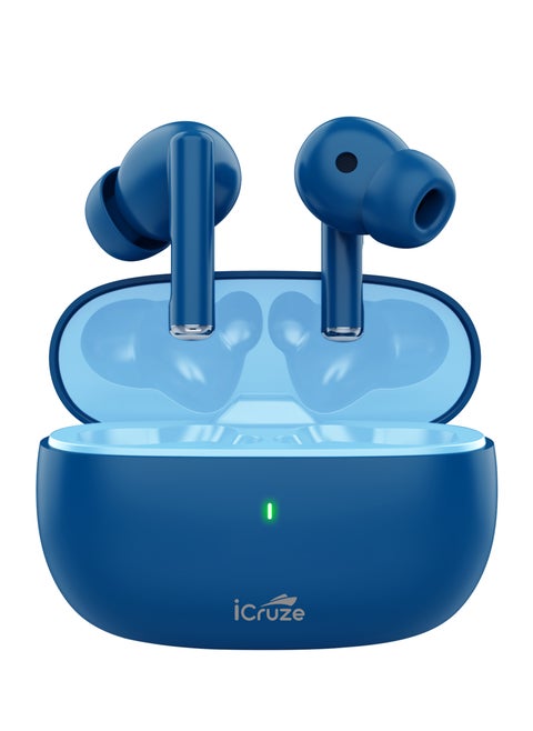 iCruze Aura TWS Earbuds - Bluetooth 5.3, 40HR Playtime, ENC, 13mm Drivers, Noise Isolation, Touch Control, Type-C Charging - Blue
