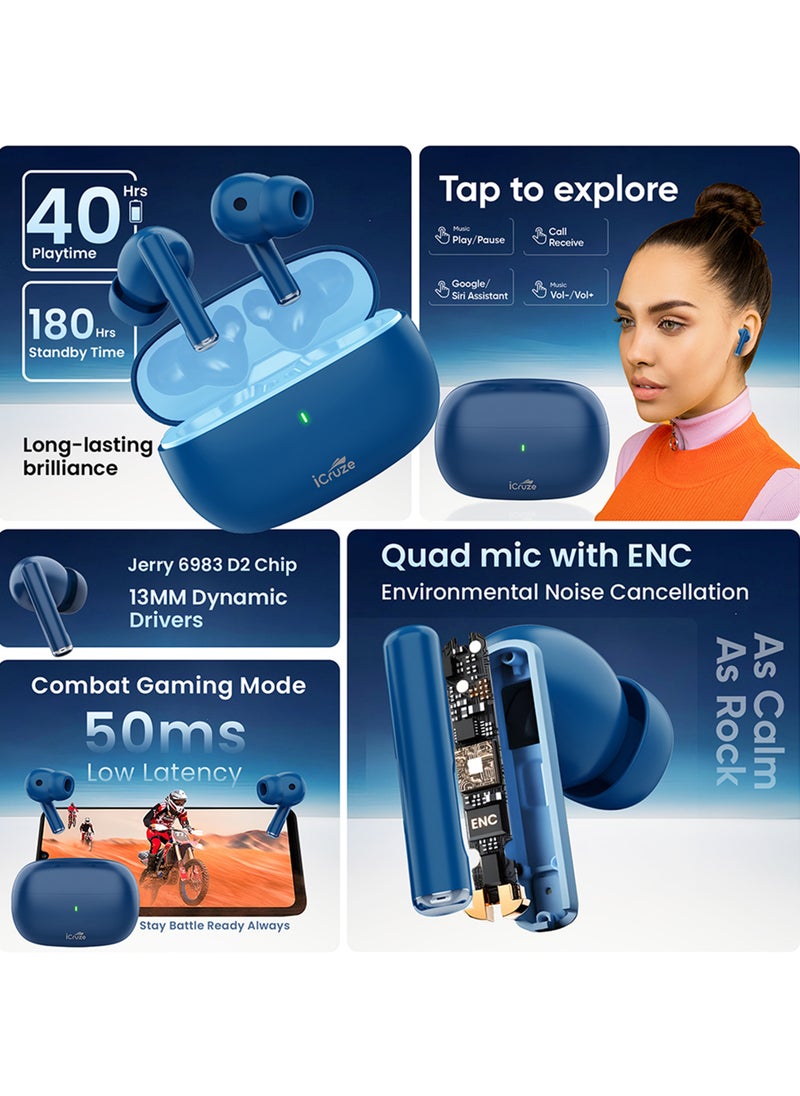 iCruze - iCruze Aura TWS Earbuds - Bluetooth 5.3, 40HR Playtime, ENC, 13mm Drivers, Noise Isolation, Touch Control, Type-C Charging - Blue - Image 1