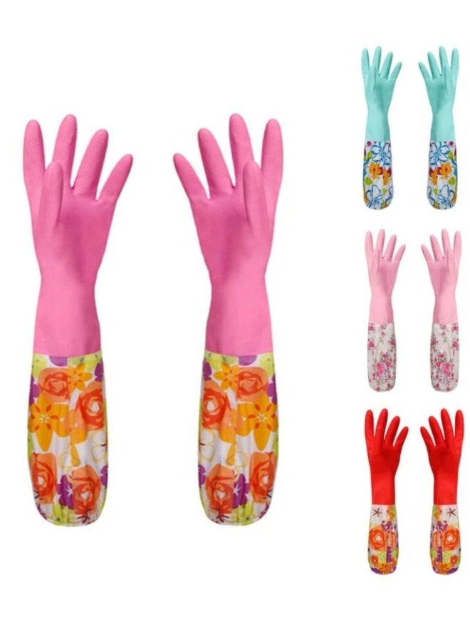 1 Pair Dishwashing Cleaning Long Warm Rubber Gloves Multicolor - Image 1