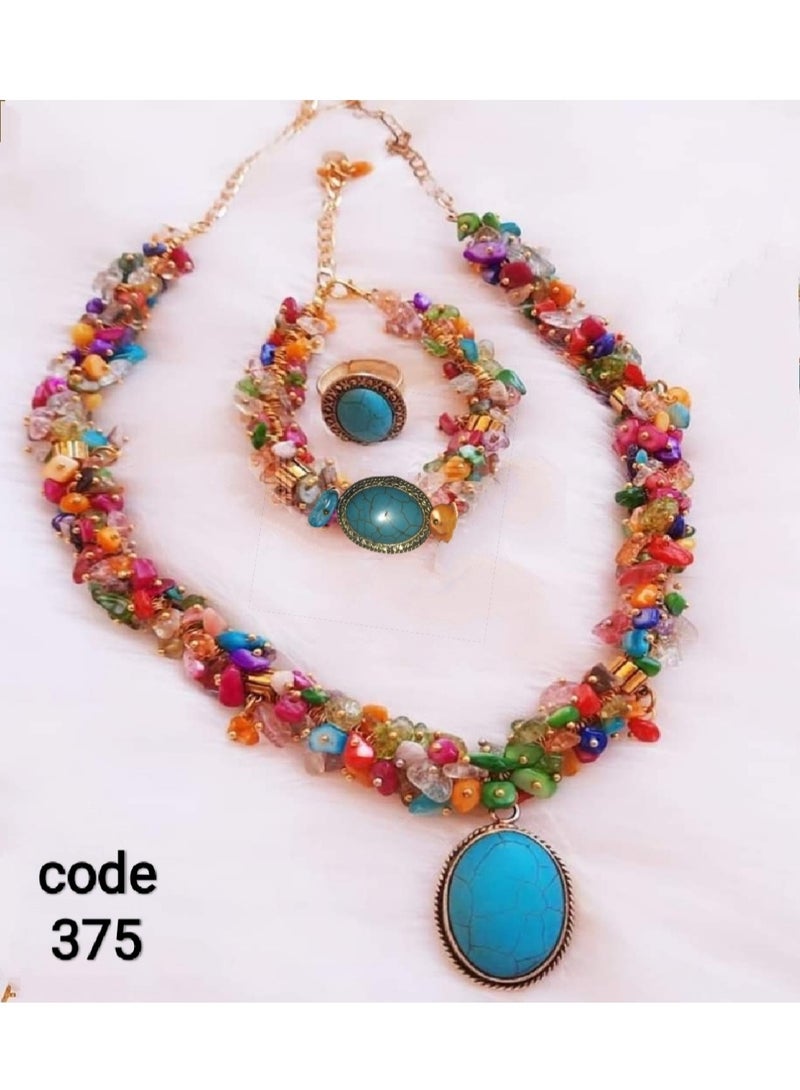 R&R Women's set of necklace, bracelet and ring made of broken shells, natural turquoise and copper - Image 2