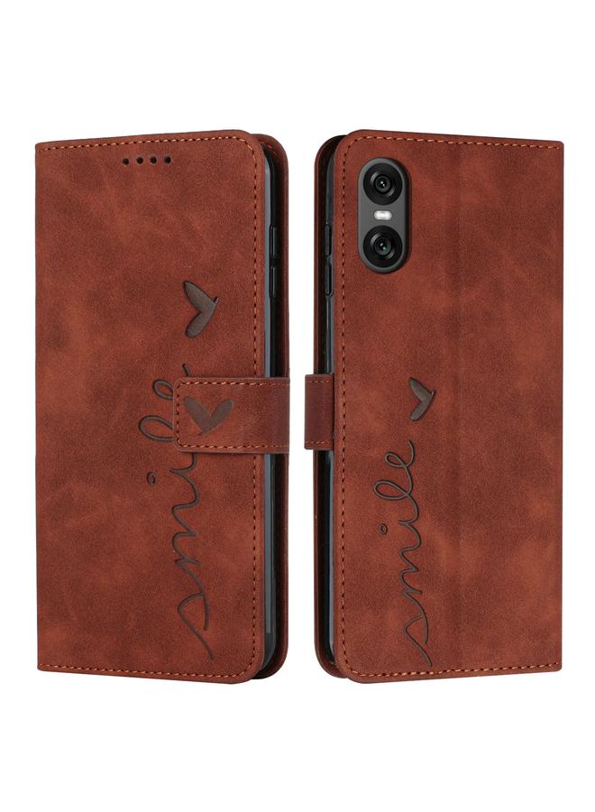 Green Tiger For Sony Xperia 10 VI Skin Feel Heart Embossed Leather Phone Case with Long Lanyard(Brown)