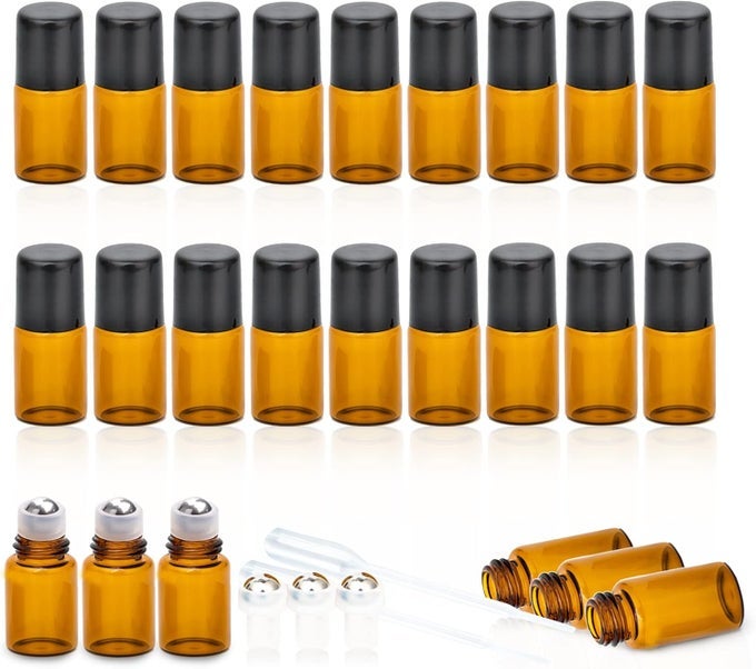 2ML ESSENTIAL OIL ROLLER BOTTLES, 24 PACK AMBER ROLLER BOTTLES FOR OILS, MINI GLASS ROLL ON BOTTLES WITH STAINLESS STEEL ROLLER BALLS&2 DROPPERS
