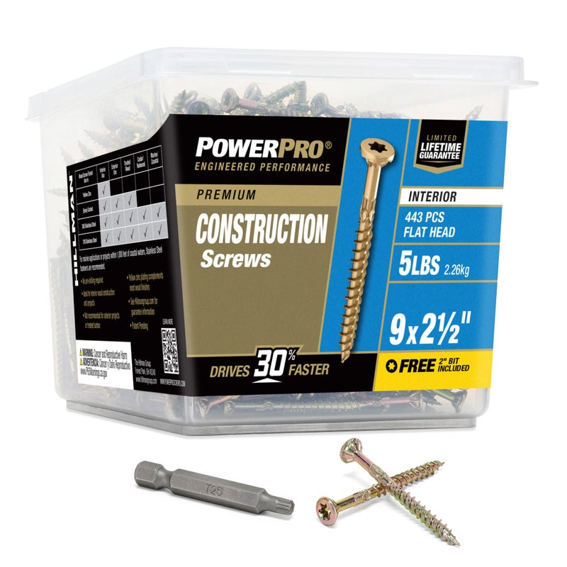 Power Pro 48591 Wood Screws 9 x 212 Premium Star Drive Indoor Cabinet Screws Gold Yellow Zinc 5lb Tub
