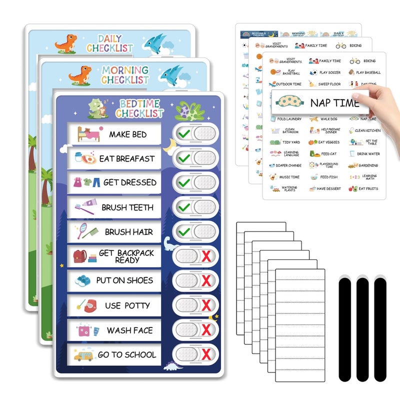 CustomMaster 3 in 1 Bedtime/Morning/Daily Routine Chart for Kids, Magnetic Chore Chart for Kids with Cute Chore Stickers, Visual Schedule for Kids with Autism, Cute to Do List Checklist for Kids - Image 1