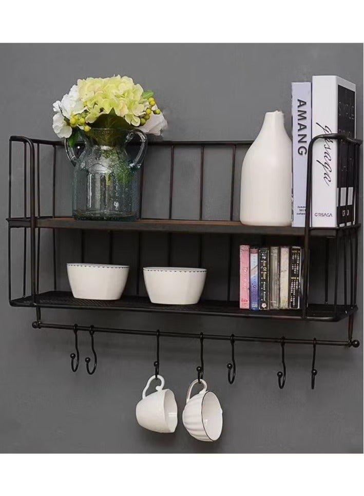 Metal kitchen shelf with 5 hooks wooden shelf and towel rack  - Image 1