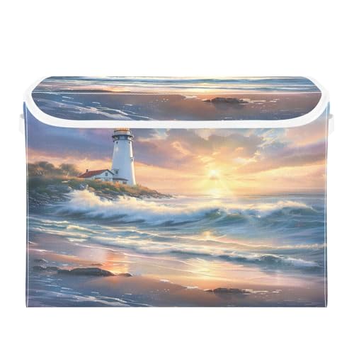 senya Large Storage Bins with Linen Collapsible Foldable Storage Cubes Fabric Closet Organizer Containers box with FlipTop Lid for Home Bedroom Office 167 x 126 x 118in Seaside Scenery - Image 3