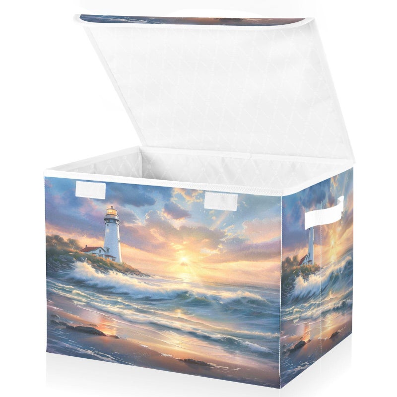 senya Large Storage Bins with Linen Collapsible Foldable Storage Cubes Fabric Closet Organizer Containers box with FlipTop Lid for Home Bedroom Office 167 x 126 x 118in Seaside Scenery - Image 2