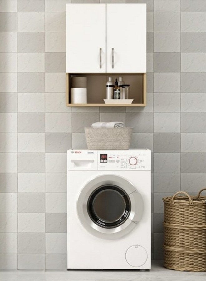 woodx Wall-Mounted Bathroom Cabinet with Open Shelf – White Doors & Wood Finish – Compact Storage Unit for Laundry or Toiletries  - Image 1