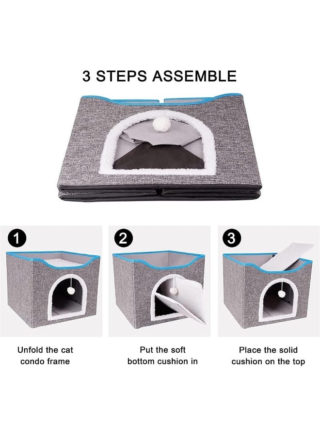 NeoStyle Foldable Cat House With Scratcher, Indoor Bed, Nest, Cube Cave, Large Pet Play House With Fluffy Ball Hanging, Scratch Pad (New, Grey) - Image 3