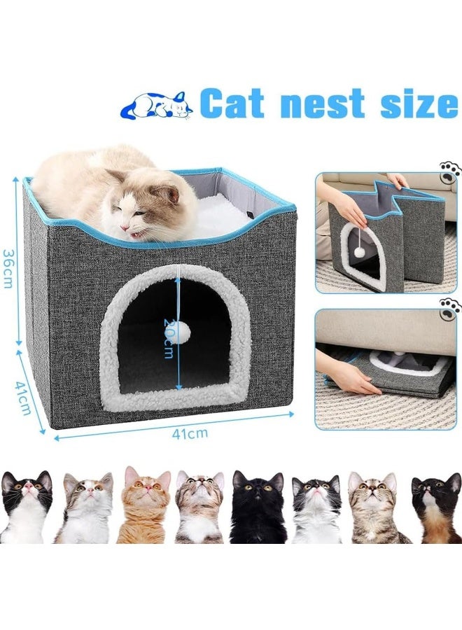 NeoStyle Foldable Cat House With Scratcher, Indoor Bed, Nest, Cube Cave, Large Pet Play House With Fluffy Ball Hanging, Scratch Pad (New, Grey) - Image 2