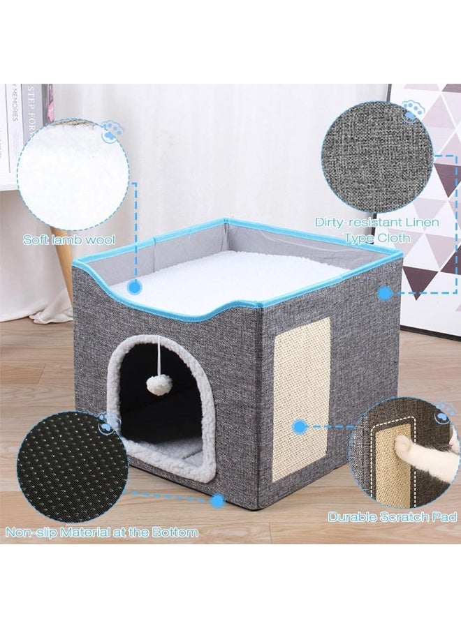 NeoStyle Foldable Cat House With Scratcher, Indoor Bed, Nest, Cube Cave, Large Pet Play House With Fluffy Ball Hanging, Scratch Pad (New, Grey) - Image 4