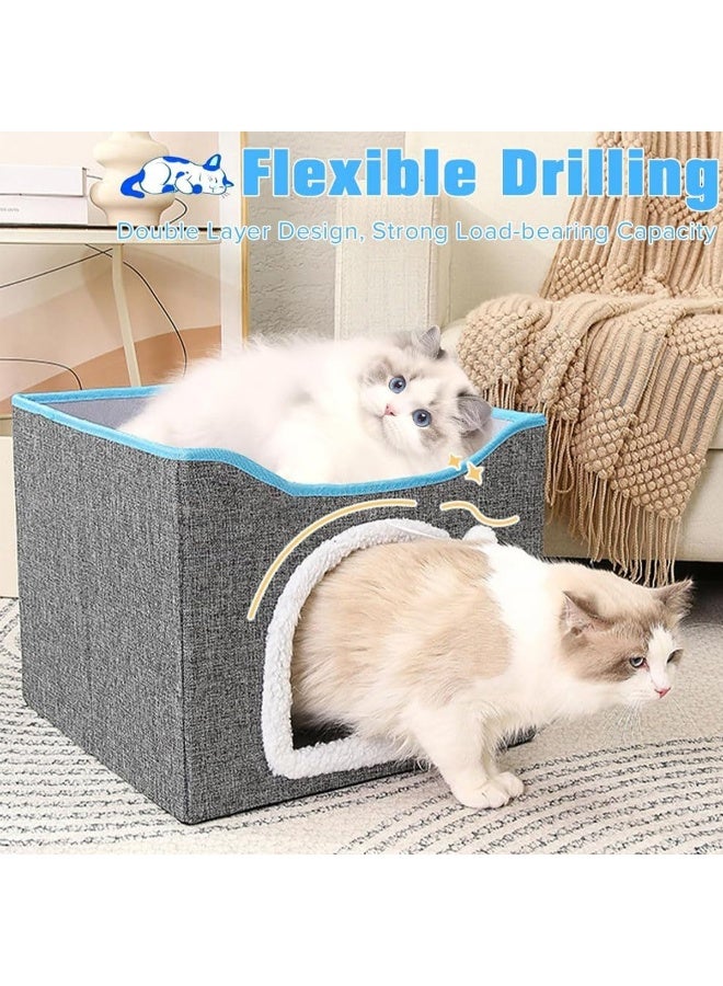 NeoStyle Foldable Cat House With Scratcher, Indoor Bed, Nest, Cube Cave, Large Pet Play House With Fluffy Ball Hanging, Scratch Pad (New, Grey) - Image 5