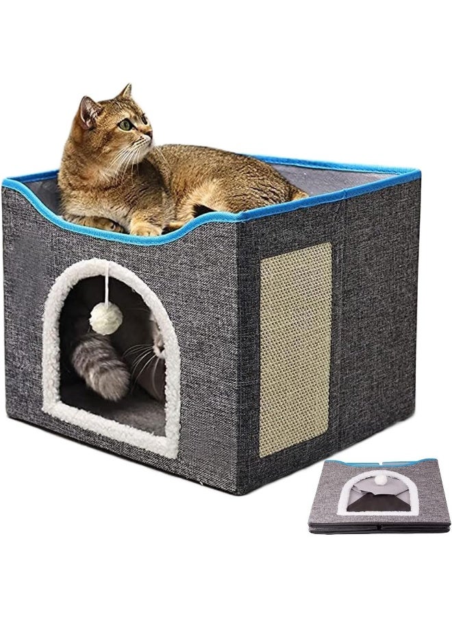 NeoStyle Foldable Cat House With Scratcher, Indoor Bed, Nest, Cube Cave, Large Pet Play House With Fluffy Ball Hanging, Scratch Pad (New, Grey) - Image 1