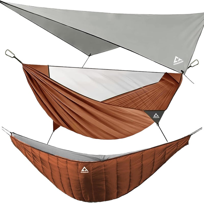 CROSSHIP Camping Hammock with Mosquito Net & Hammock Underquilt and Rain Fly Tarp - Portable for Indoor, Outdoor, Hiking, Backpacking, Backyard, Beach & Travel (Hold Up to 500lbs) - Orange - Image 1