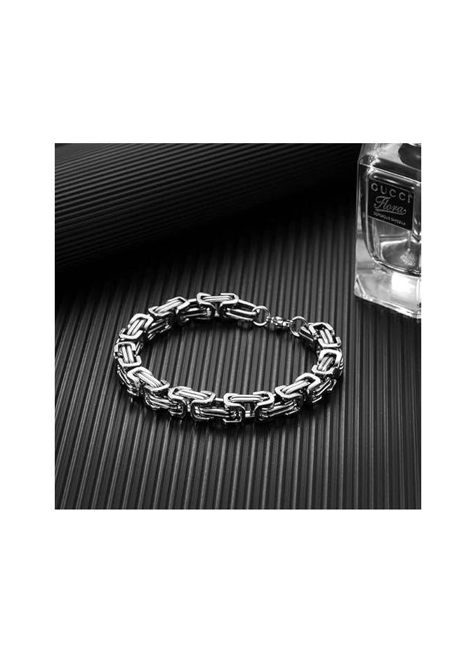 Fayrouz Jewellery - Fayruz Jewelry 8mm Wide Flat Byzantine Stainless Steel Bracelet, Stylish Thick and Heavy Cuban Chain Bracelet for Men Women Boys, Waterproof Fits All - Image 1