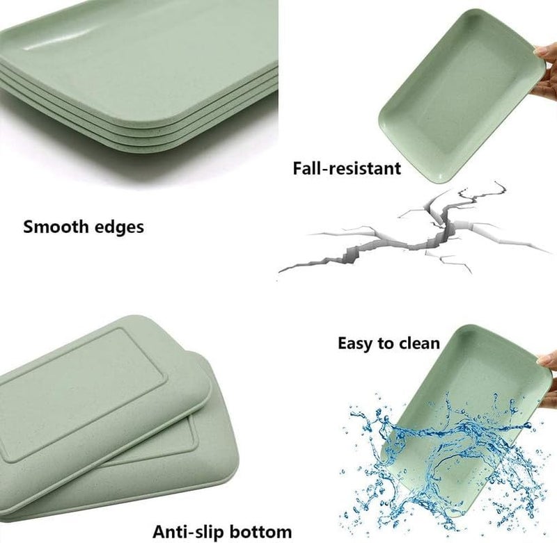 MYTHOS 6 Pcs Plastic Microwave Safe Plates, 9.65 & 8.25 inch Rectangular Dessert Tray, Wheat Straw Plates, Dinner Dishes Lightweight Tray Salad Kids Adult Plate for Kitchen Camping (6, Green) - Image 3