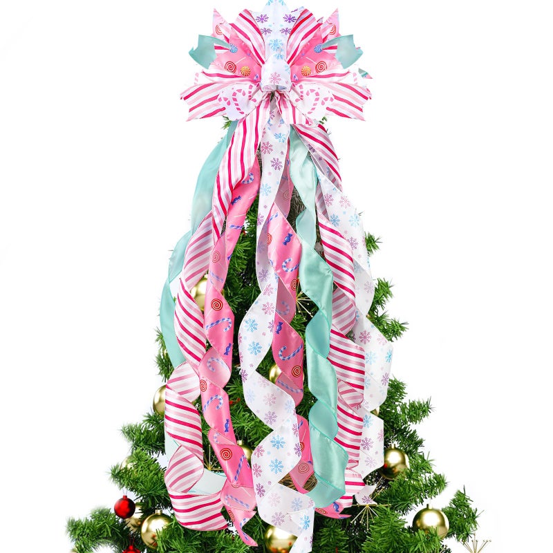 FineCheer Pastel Christmas Tree Topper Wreath Bow Large Christmas Bow Tree Topper for Xmas Ornament Family Wedding Thanksgiving Indoor Outdoor Decoration 449 x 118 Inch - Image 2