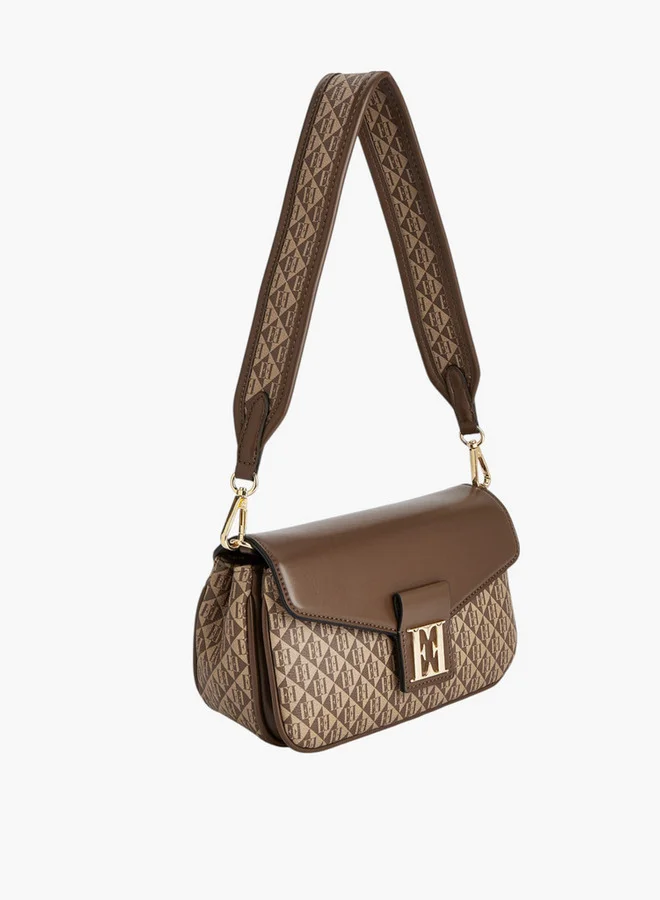 ايل Monogram Print Crossbody Bag with Adjustable Strap and Flap Closure