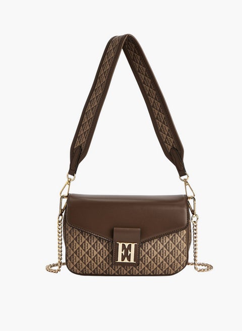 Monogram Print Crossbody Bag with Adjustable Strap and Flap Closure