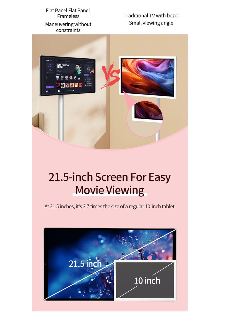 FlashHawk - 21.5-Inch Portable TV with Adjustable Floor Touch Screen Smart TV | 6G RAM+128G Storage, 6000aMh Battery 8H Video Play Time, White - Image 1
