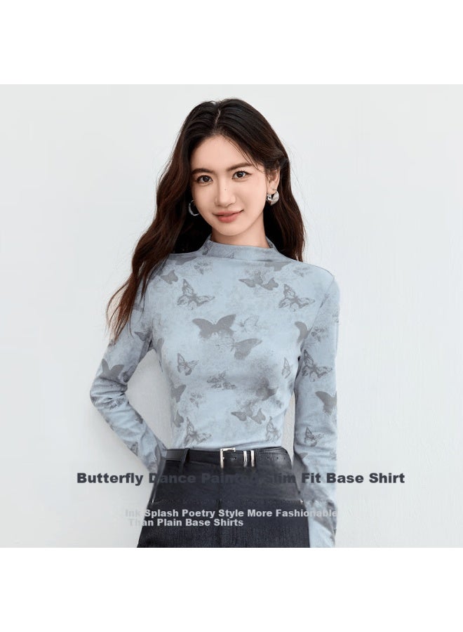 Sentubila Cotton Tie-dye Print Long Sleeve Slim Fit Mock Neck Top For Women Autumn Soft Youthful Shirt - Image 1