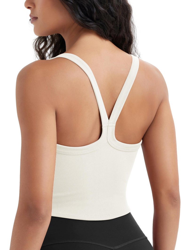ODODOS Women's Seamless Crop Cami Wide Scoop Neck Ribbed Soft Open Racerback Cropped Tank, Milk White, Medium - Image 1