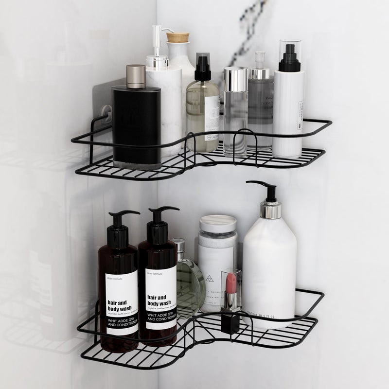 Ruboxa Self Adhesive Corner Shelf for Bathroom/GI Metal Shelf for Kitchen with Magic Sticker/Bathroom Organizer - Pack of 2 (Black) - Image 1
