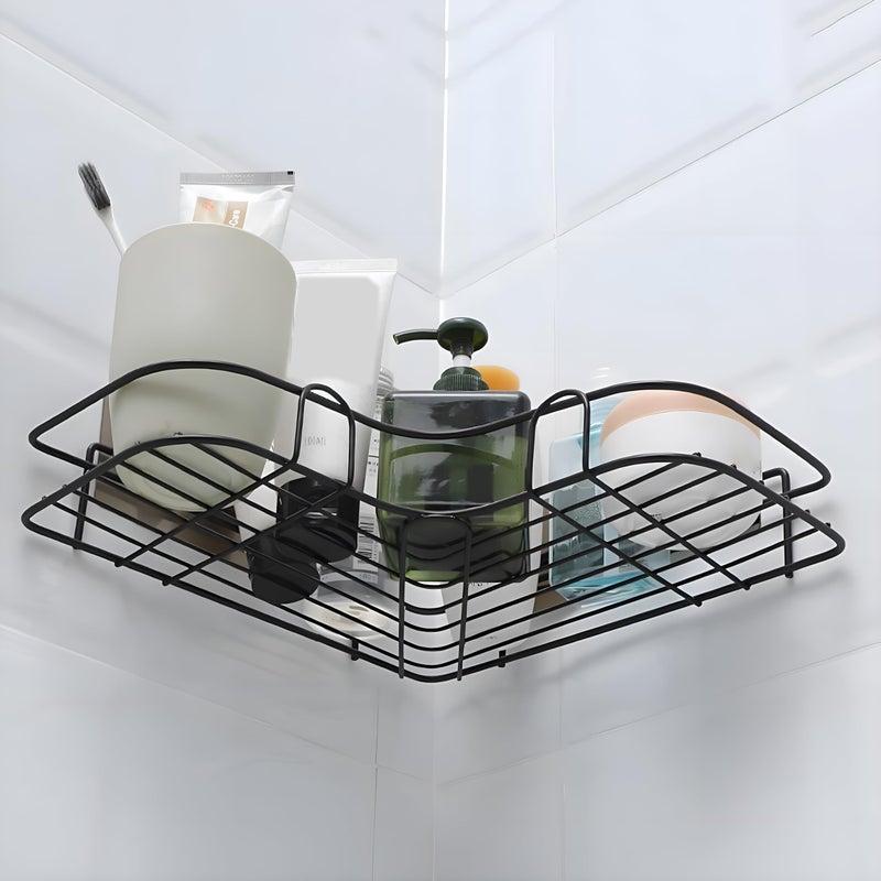 Ruboxa Self Adhesive Corner Shelf for Bathroom/GI Metal Shelf for Kitchen with Magic Sticker/Bathroom Organizer - Pack of 2 (Black) - Image 5
