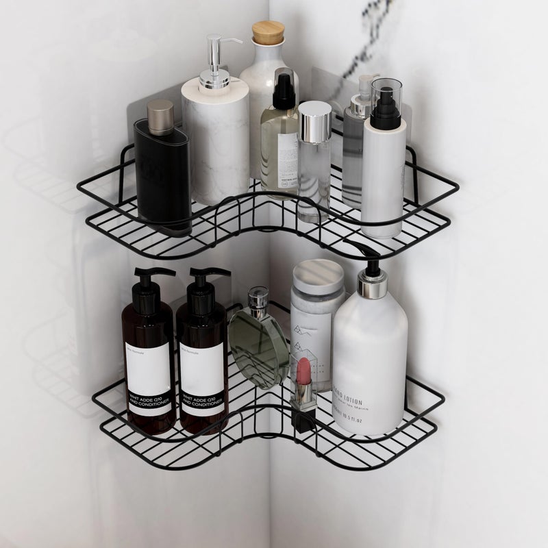 Ruboxa Self Adhesive Corner Shelf for Bathroom/GI Metal Shelf for Kitchen with Magic Sticker/Bathroom Organizer - Pack of 2 (Black) - Image 4