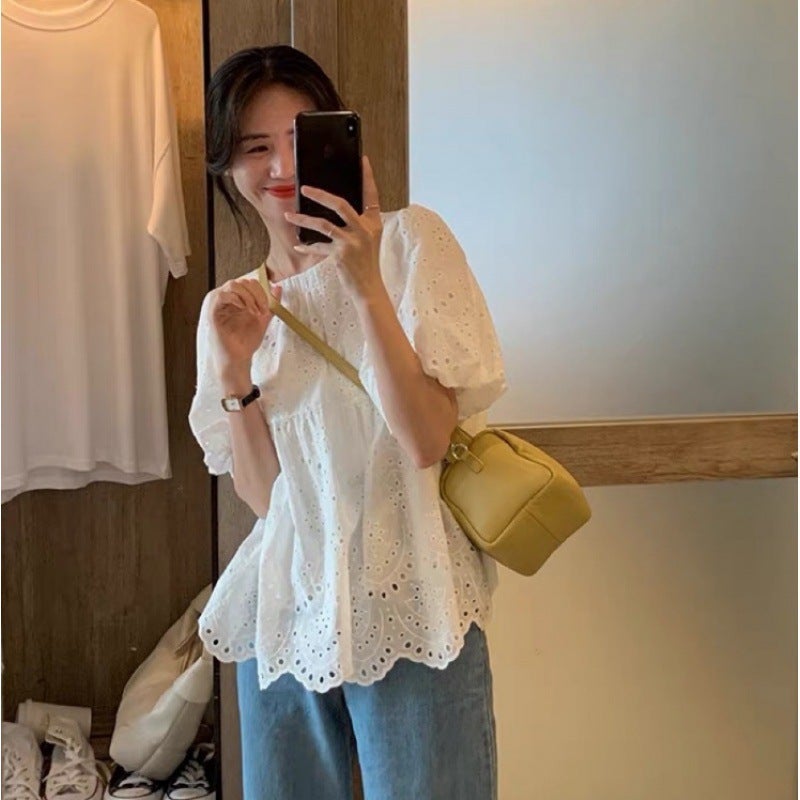 2024 French Embroidered Doll Shirt Women'S White Hollow Design Bubble Short-Sleeved Top - Image 4