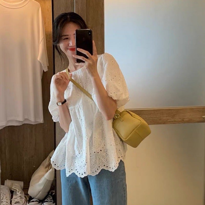 2024 French Embroidered Doll Shirt Women'S White Hollow Design Bubble Short-Sleeved Top - Image 3
