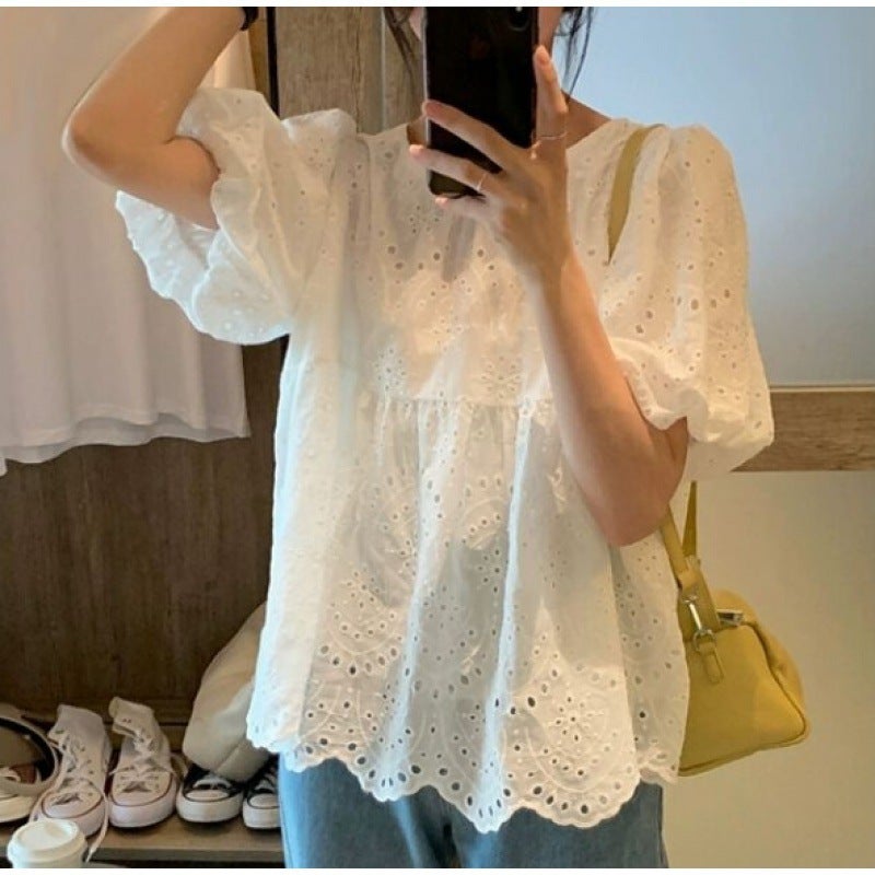 2024 French Embroidered Doll Shirt Women'S White Hollow Design Bubble Short-Sleeved Top - Image 2