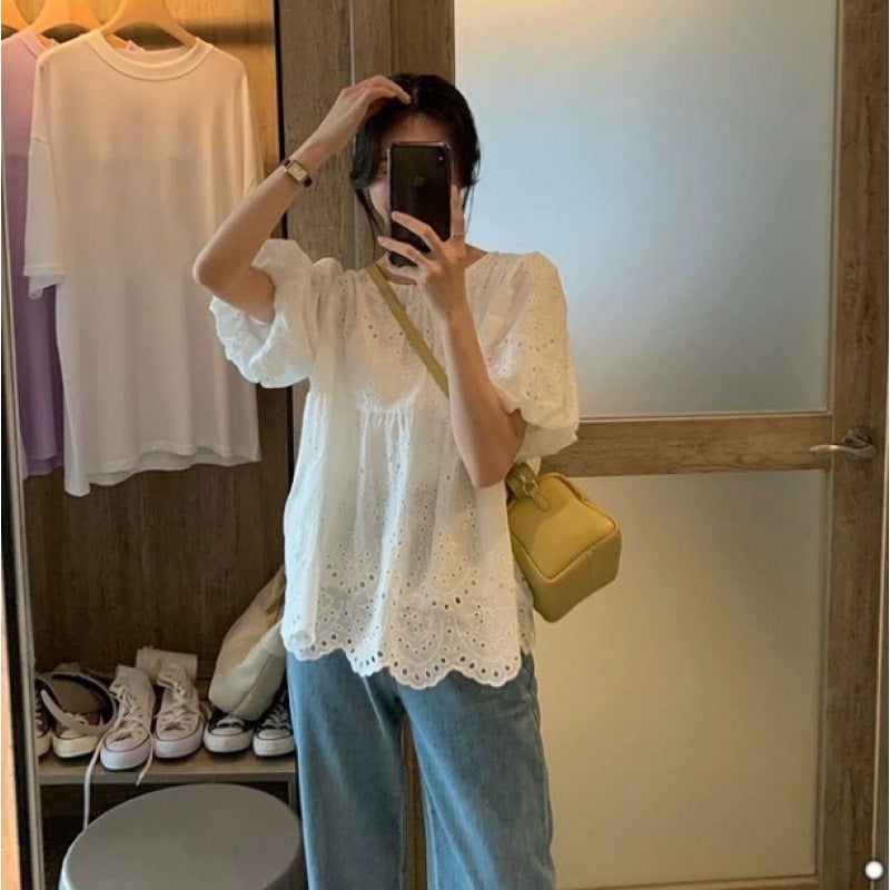 2024 French Embroidered Doll Shirt Women'S White Hollow Design Bubble Short-Sleeved Top - Image 5