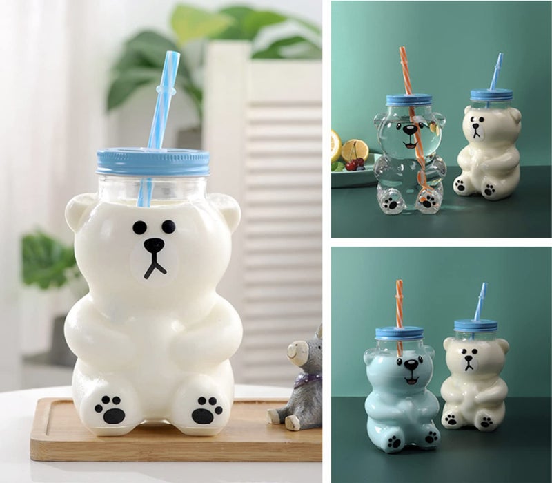 JHTPSLR Kawaii Bear Sippy Cup 19oz Clear Bear Glass Cup with Lid and Straw Cute Kawaii Bear Glass Bottle Mug for Juice Milk Tea Smoothies Infused Water Beverage Food Grade Microwave Safe (Serious Bear) - Image 5