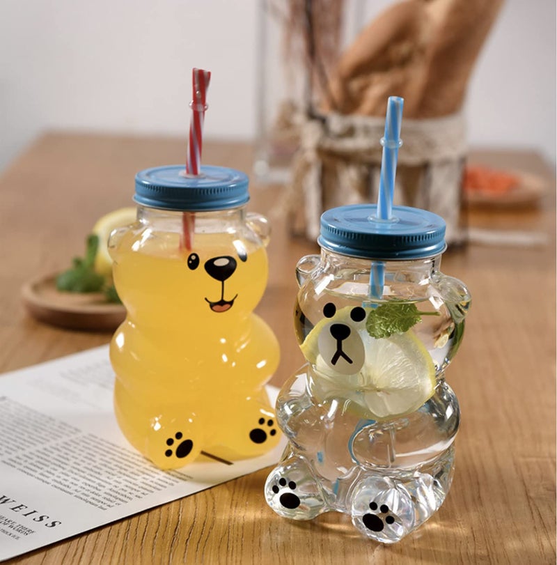 JHTPSLR Kawaii Bear Sippy Cup 19oz Clear Bear Glass Cup with Lid and Straw Cute Kawaii Bear Glass Bottle Mug for Juice Milk Tea Smoothies Infused Water Beverage Food Grade Microwave Safe (Serious Bear) - Image 3