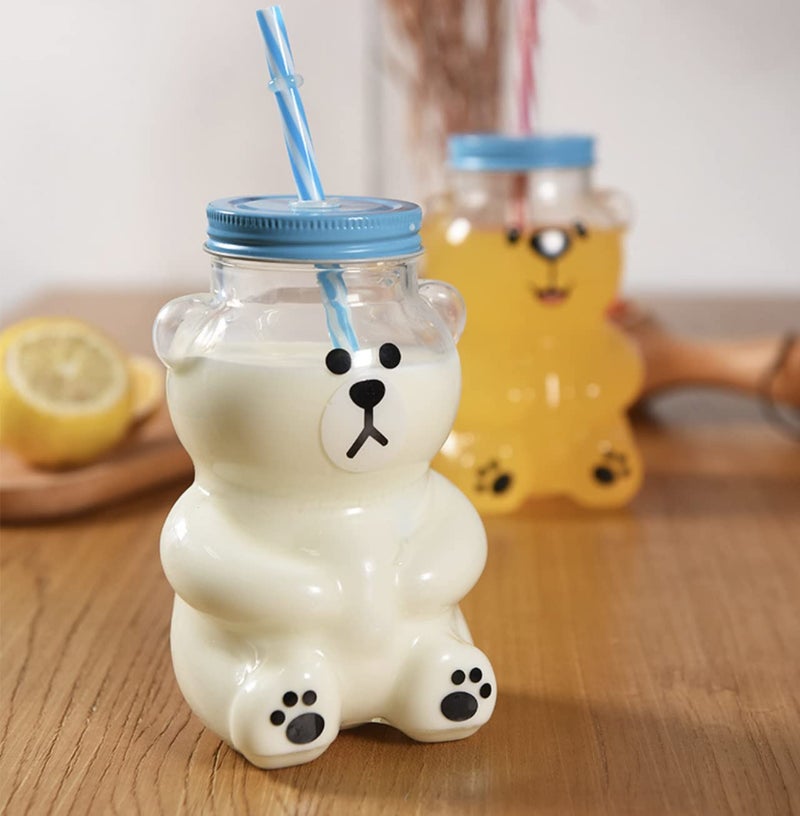 JHTPSLR Kawaii Bear Sippy Cup 19oz Clear Bear Glass Cup with Lid and Straw Cute Kawaii Bear Glass Bottle Mug for Juice Milk Tea Smoothies Infused Water Beverage Food Grade Microwave Safe (Serious Bear) - Image 2