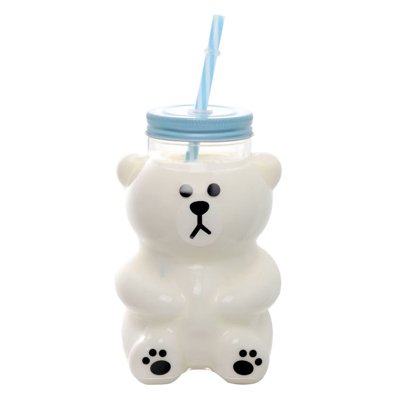 JHTPSLR Kawaii Bear Sippy Cup 19oz Clear Bear Glass Cup with Lid and Straw Cute Kawaii Bear Glass Bottle Mug for Juice Milk Tea Smoothies Infused Water Beverage Food Grade Microwave Safe (Serious Bear) - Image 1