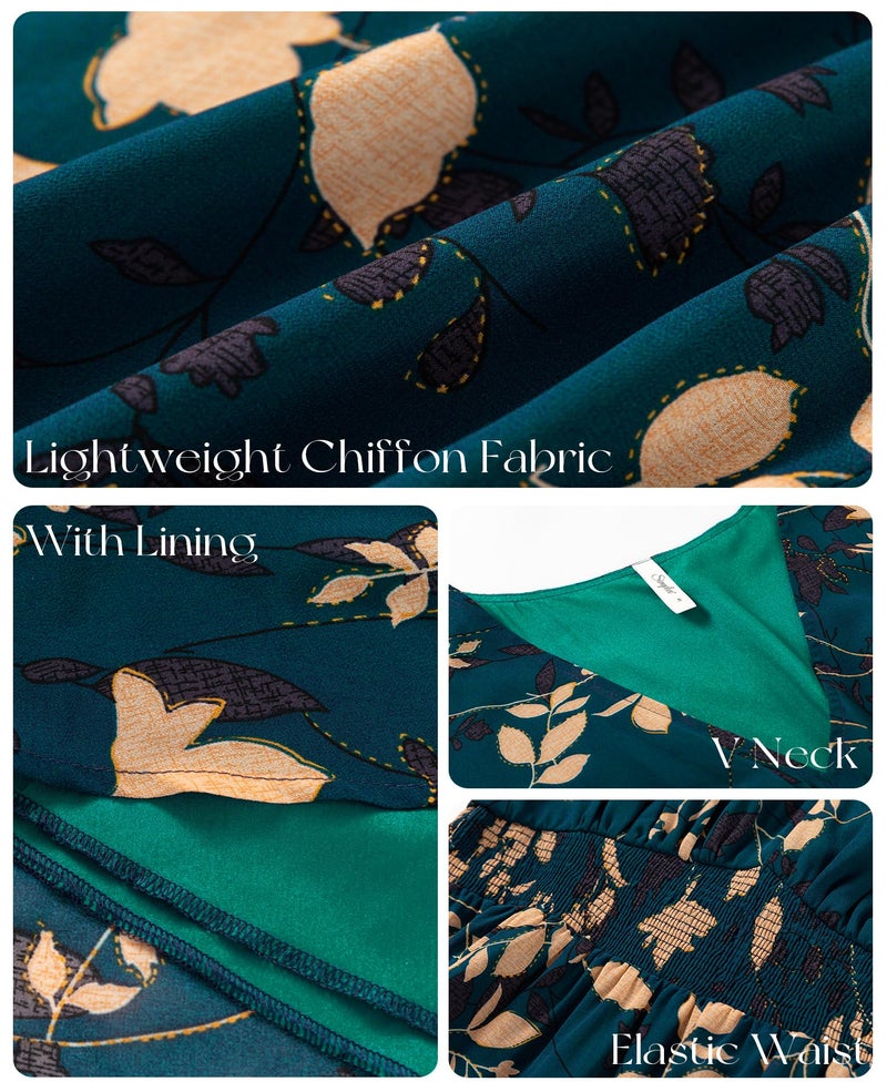 Simplee Womens Floral Mini Dress - Long Sleeve Casual V Neck Chiffon Modest Boho Flowy Fall Wedding Guest Dresses,Bue Green S - Image 5