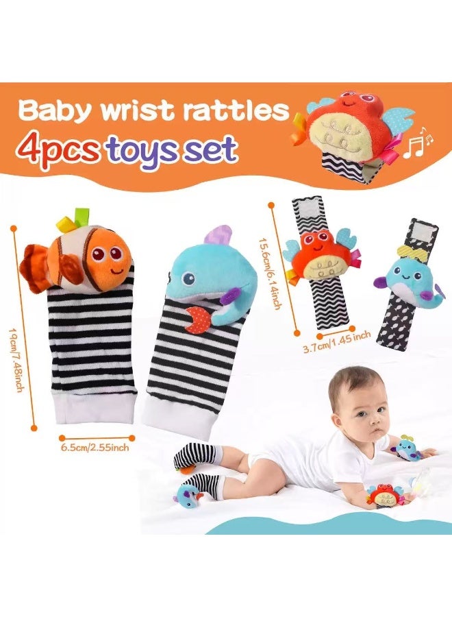 4Pcs Baby Cartoon  Animal Wrist Rattles & Foot Finder Socks Set – Soft Infant Wristbands and Socks for Early Learning & Sensory Development - Image 4