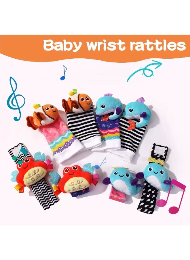 4Pcs Baby Cartoon  Animal Wrist Rattles & Foot Finder Socks Set – Soft Infant Wristbands and Socks for Early Learning & Sensory Development - Image 2