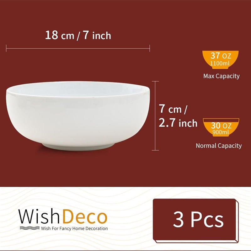 WishDeco طقم أطباق حساء كبيرة من 3 أطباق سيراميك 37 أونصة أطباق مكرونة بيضاء 7 بوصة طبق تقديم للحبوب والنودلز والرامين والفواكه - Image 3