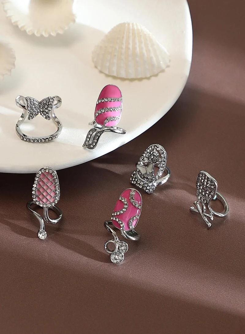 Women The Belle Nail Ring Set | Metallic  Colour | Set Of 6 | One-Size | Artificial Stone Alloy Material | Adjustable Closure | Ring For Casual & Evening Wear