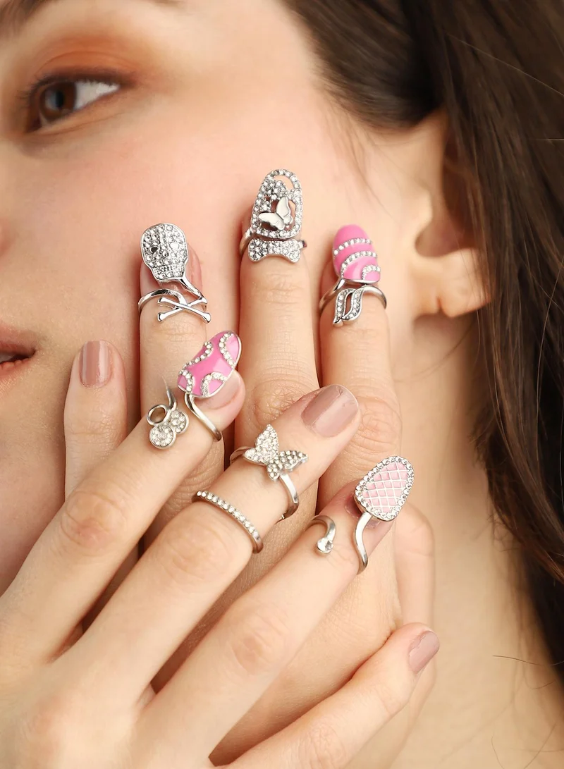 SOHI Women The Belle Nail Ring Set | Metallic  Colour | Set Of 6 | One-Size | Artificial Stone Alloy Material | Adjustable Closure | Ring For Casual & Evening Wear