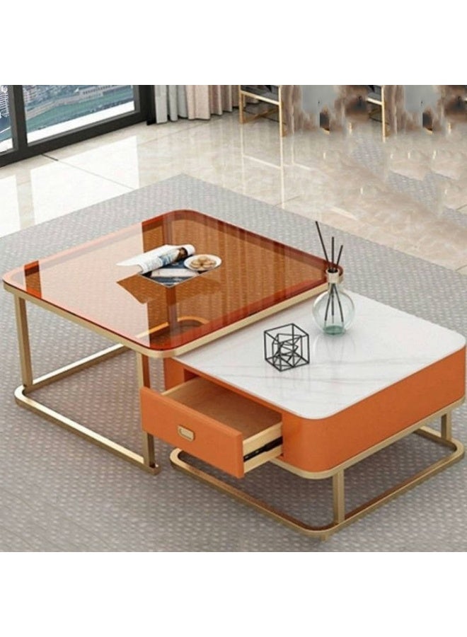 DubaiGallery Stylish Living Room 2-Piece Coffee Table Set, Marble Drawer Storage Table + Glass Square Table, Gold Steel Base, Premium Modern Furniture - Image 2